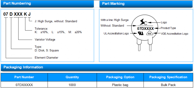 07D Series MOV Metal Oxide Varistor 07D820K / 07D820KJ Ф7mm 82V Voltage 1200A 2